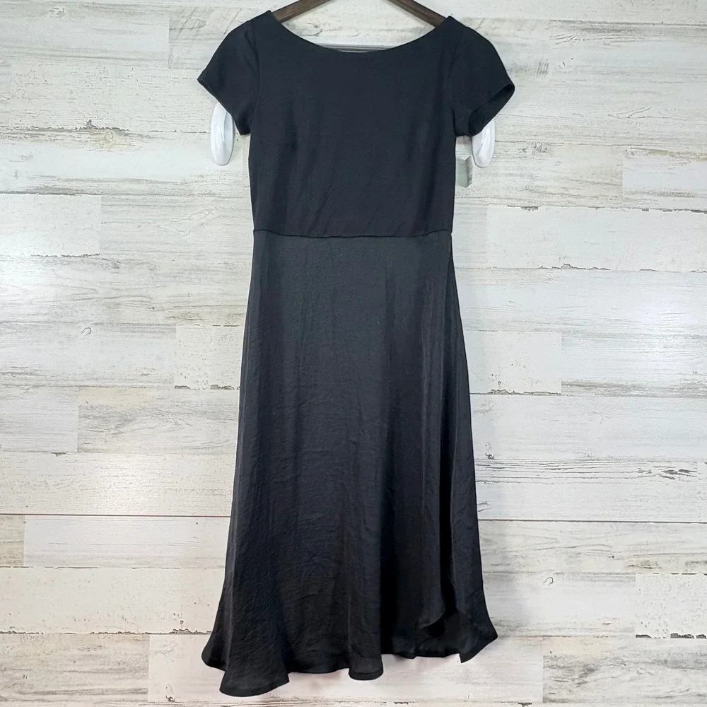 LOFT Black Asymmetric Mixed Media Short Sleeve Fit & Flare Midi Dress Size 0 NWT